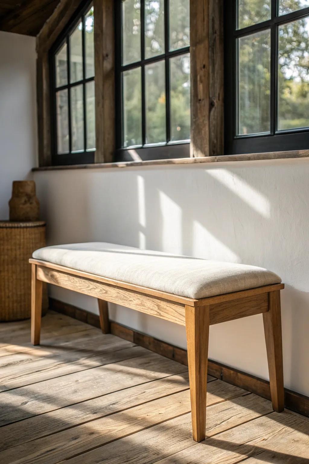 Warm wood tones, big rustic charm—one slim bench makes a small sunroom feel cozy.