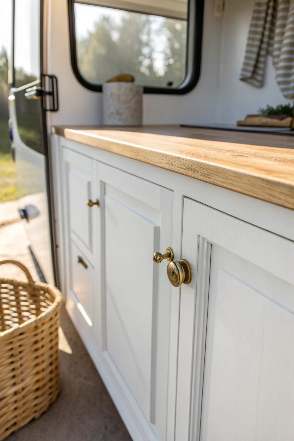 White RV cabinets with warm light wood accents instantly make a small rig feel brighter and bigger.