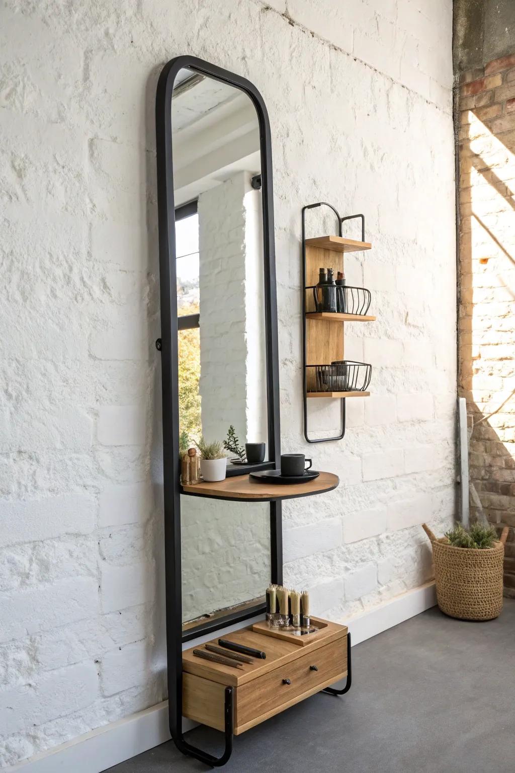 Linear wall station with oak shelf and black mirror—keeps narrow salons open and photo-ready.