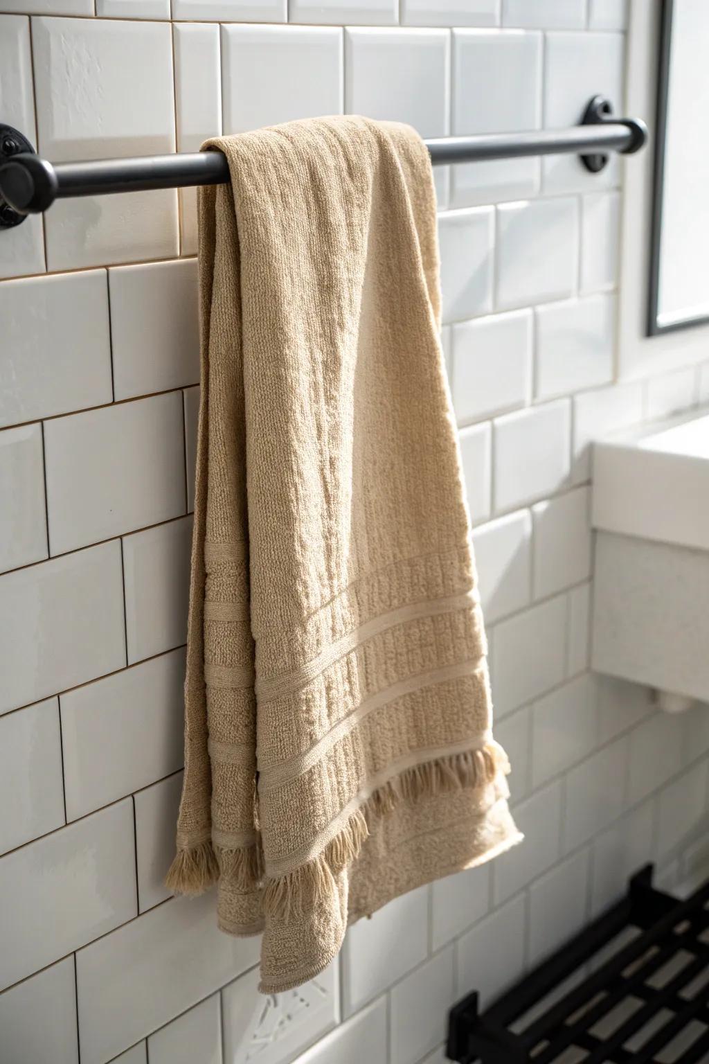 Bright white tile + a warm linen towel: the easiest Scandi base for a tiny bathroom.