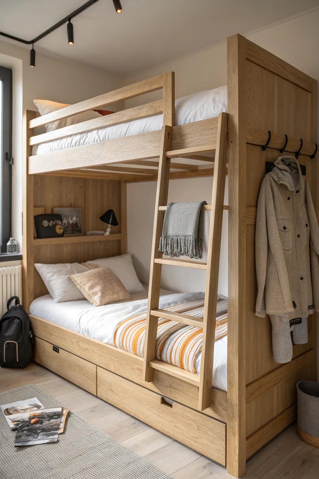 Classic oak bunk bed with ladder hooks—space-saving calm for brothers in a small shared room.