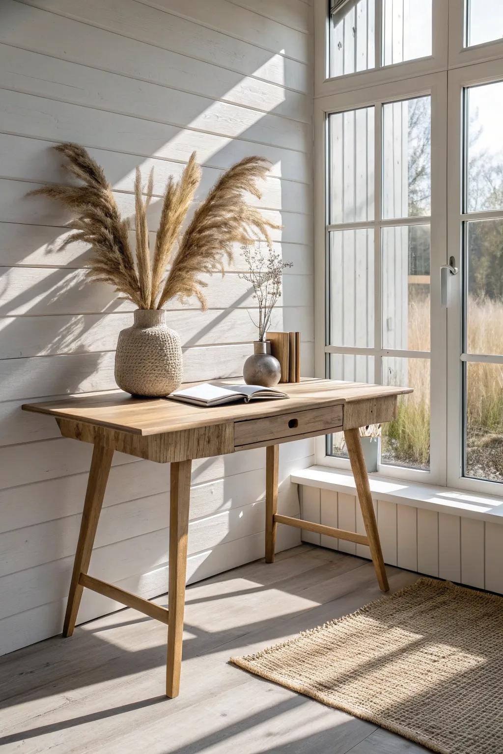 Desk under the window: natural light makes a tiny shed office feel open, calm, and focused.