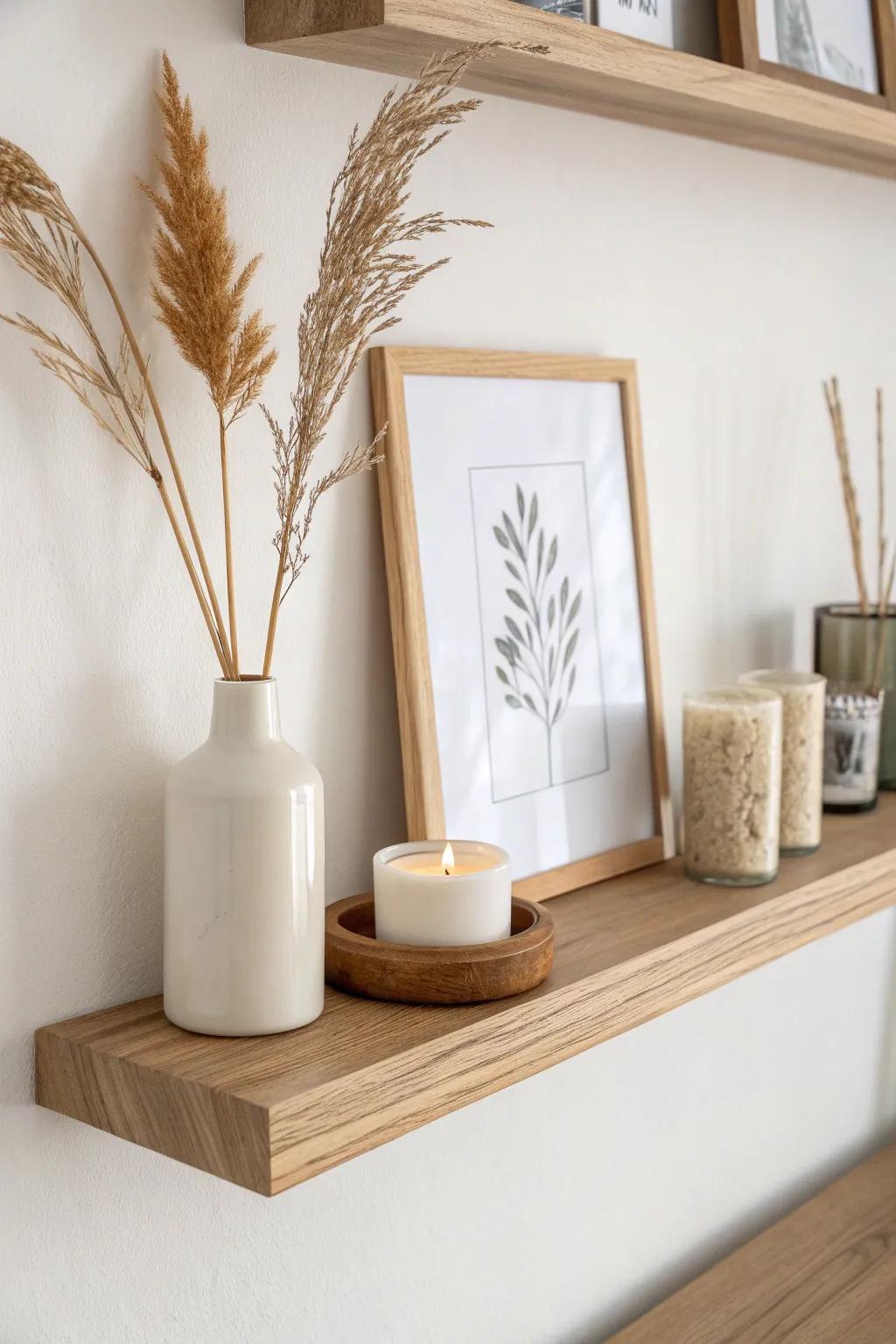 Style a tiny shelf with the rule of three: vase, candle, and frame for effortless balance.