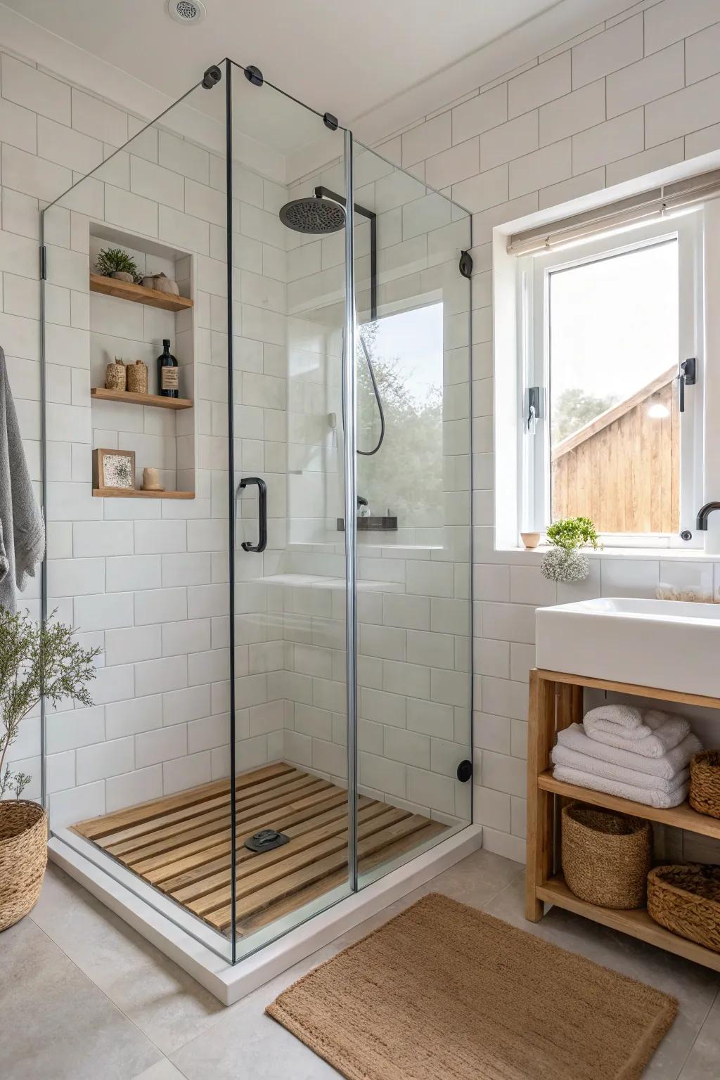 A corner walk-in shower keeps the center floor open—airy, bright, and spa-like in small spaces.