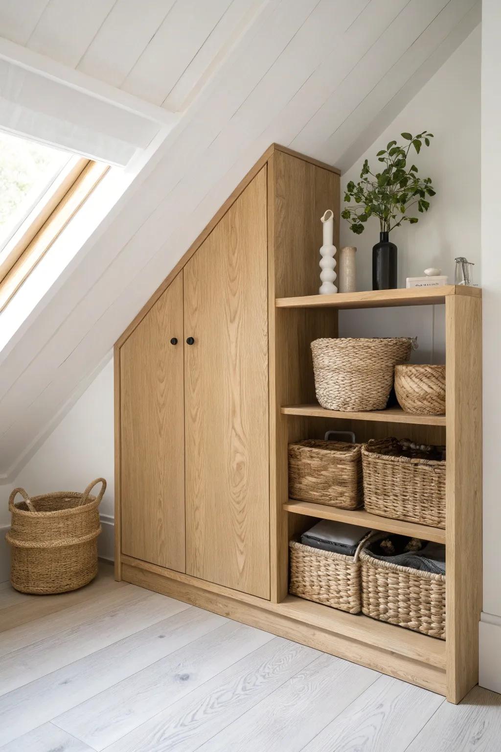 Knee-wall base cabinets turn awkward sloped attic space into warm, hidden storage.