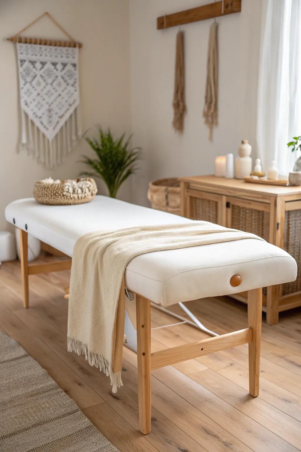 Soft neutrals + warm wood make even the tiniest massage room feel calm and open.
