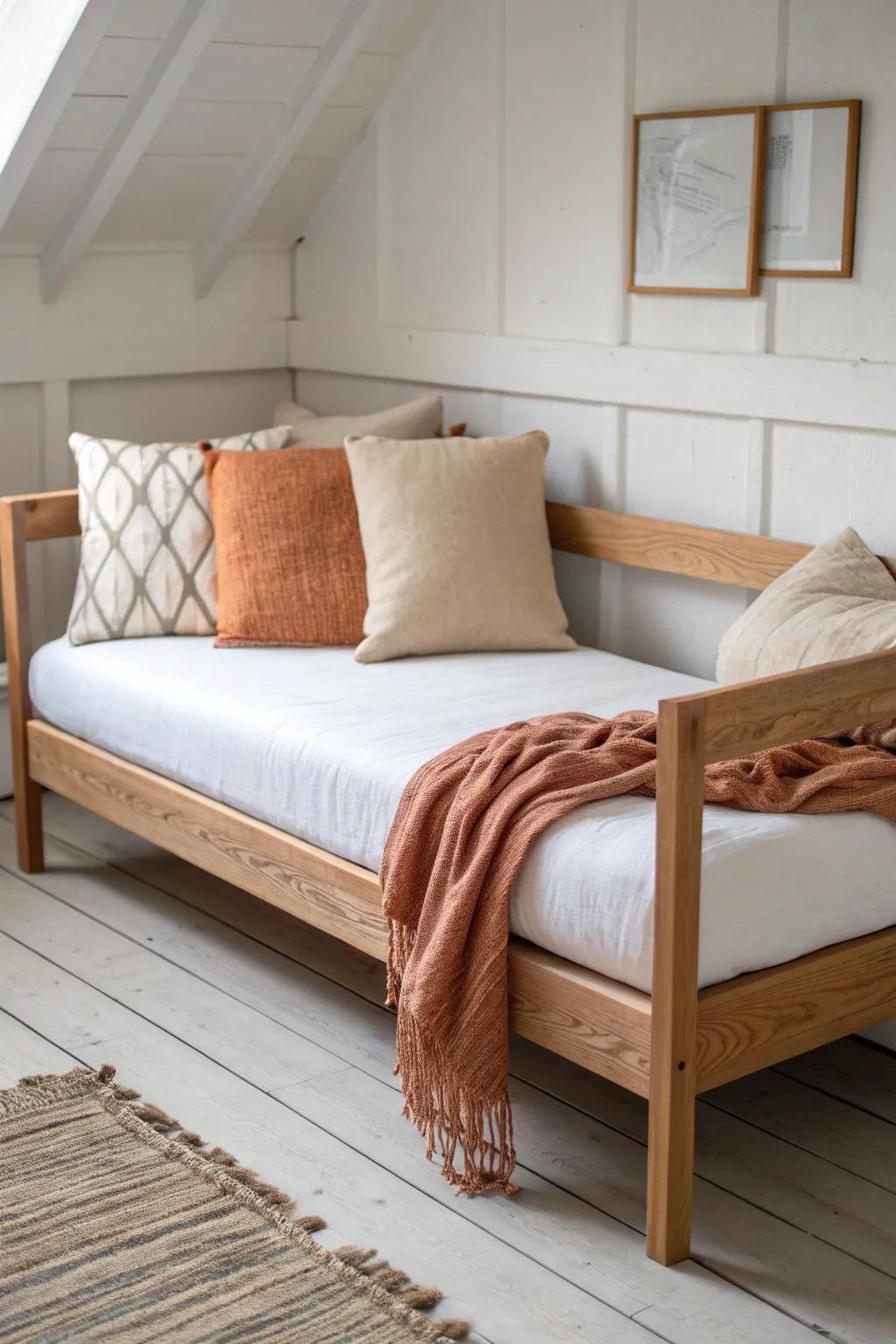 A daybed styled like a sofa by day—then ready for overnight guests in seconds.