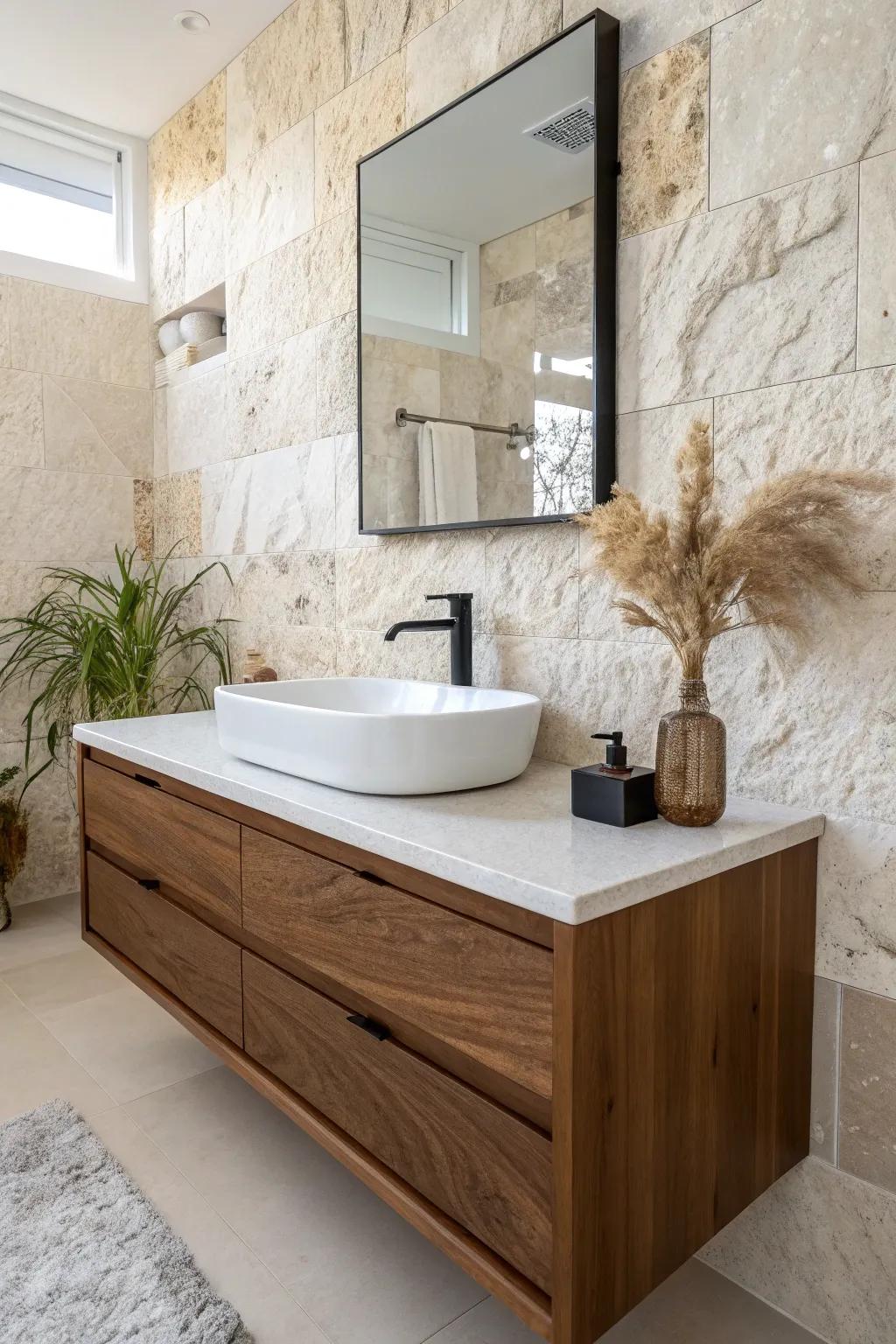 One stone accent wall behind the vanity adds luxe texture without overwhelming a small bathroom.