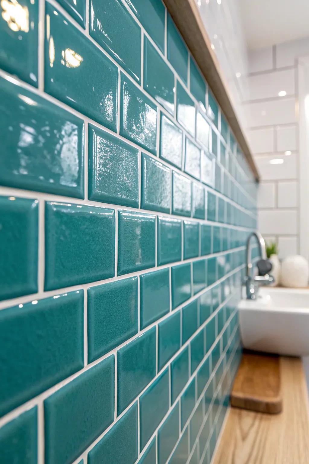 Glossy teal subway tiles add a bold wow moment while reflecting light in a tiny shower.