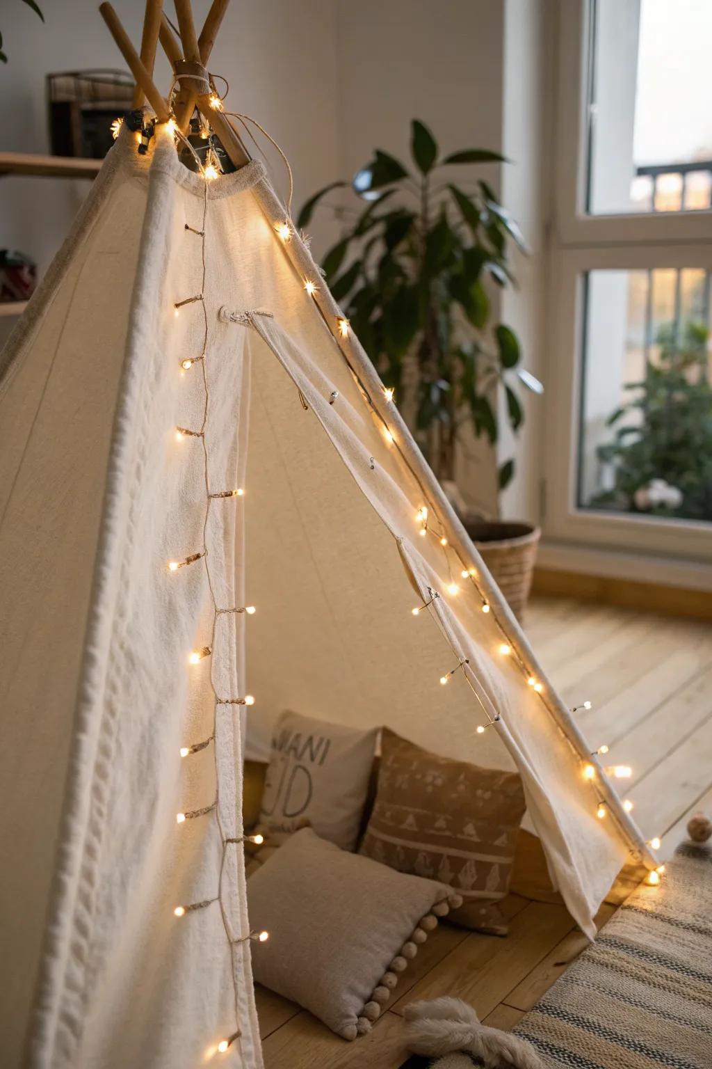 Warm twinkle lights clipped to tent seams for a cozy, cord-free glow in small spaces.
