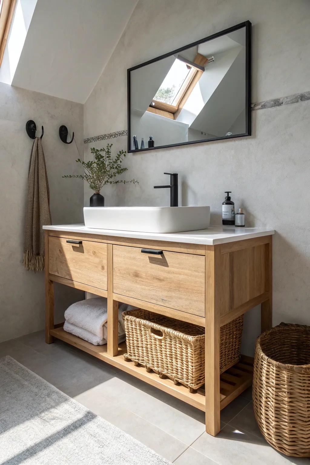 A floating vanity opens up the floor, making the smallest bathroom feel instantly bigger.