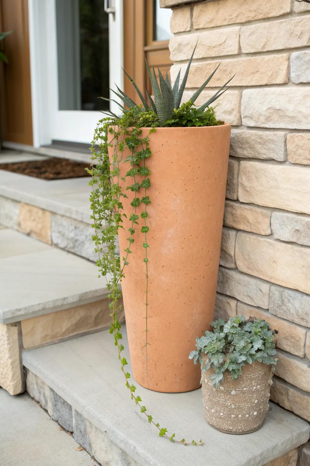 Symmetry made simple: a spiky + trailing duo in a tall planter for a tidy townhouse entry.