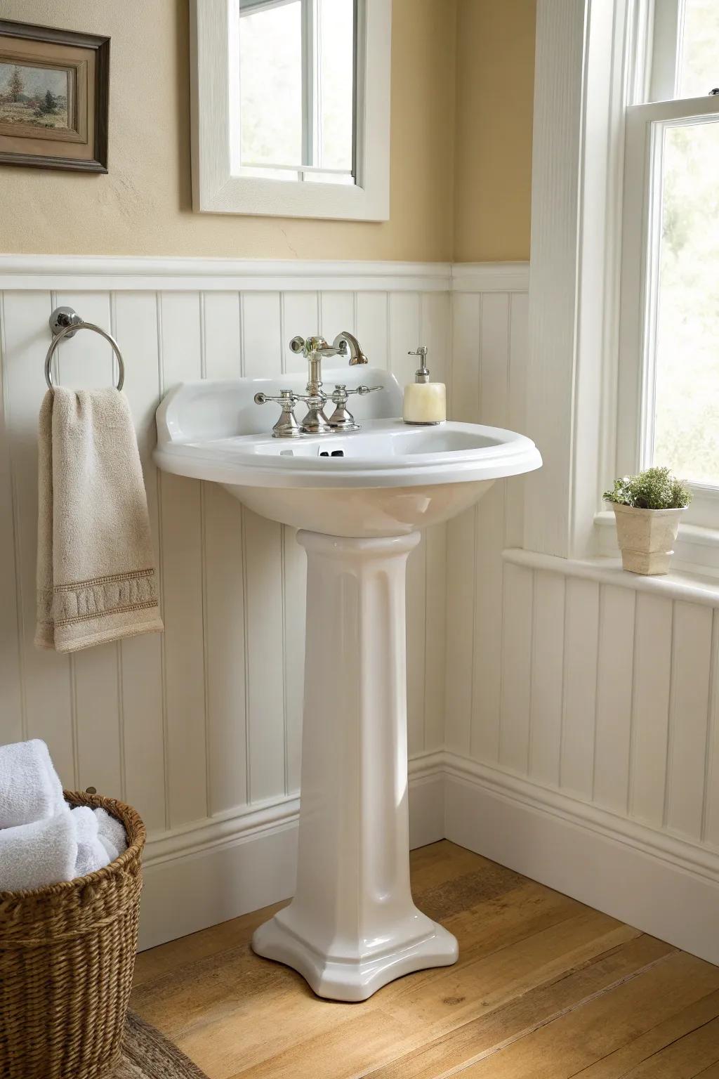 A classic pedestal sink keeps a tiny traditional bathroom airy—showing more floor instantly.