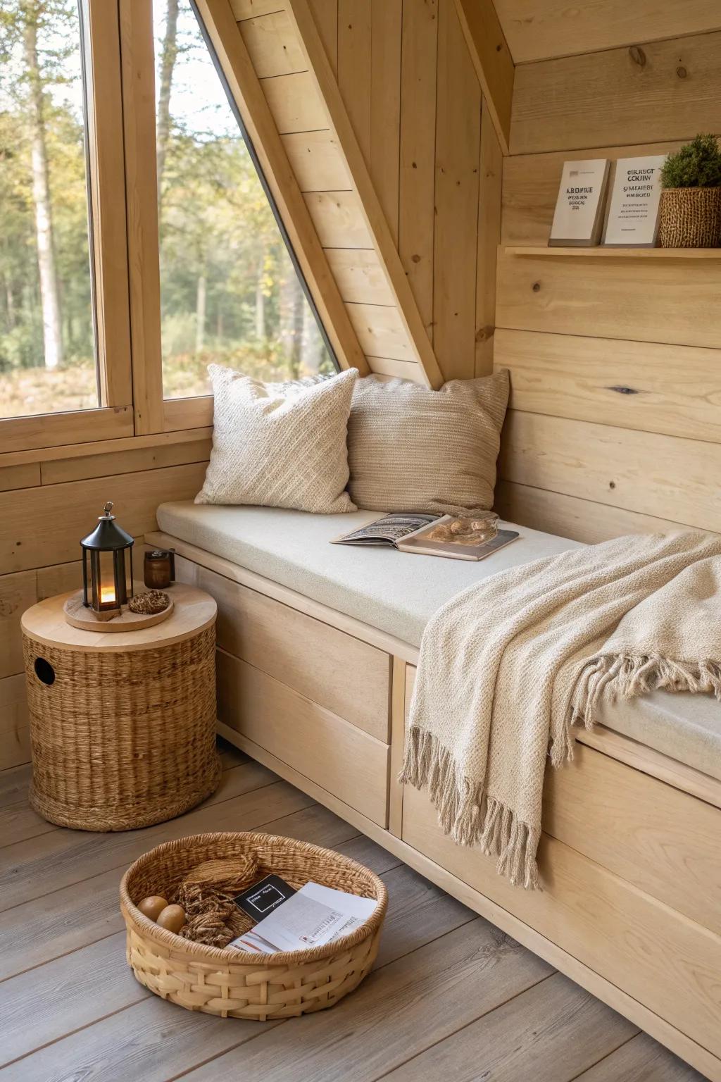 Built-in treehouse bench with lift-top storage—cozy seating and clutter-free small space style.