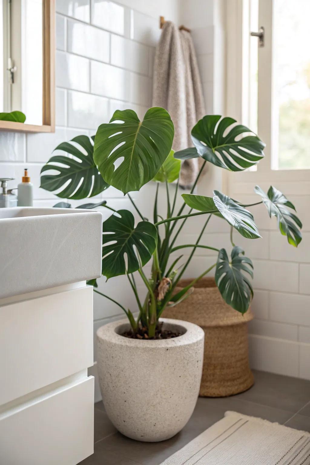 One bold tropical plant turns a tiny bathroom into a fresh, spa-like jungle moment.