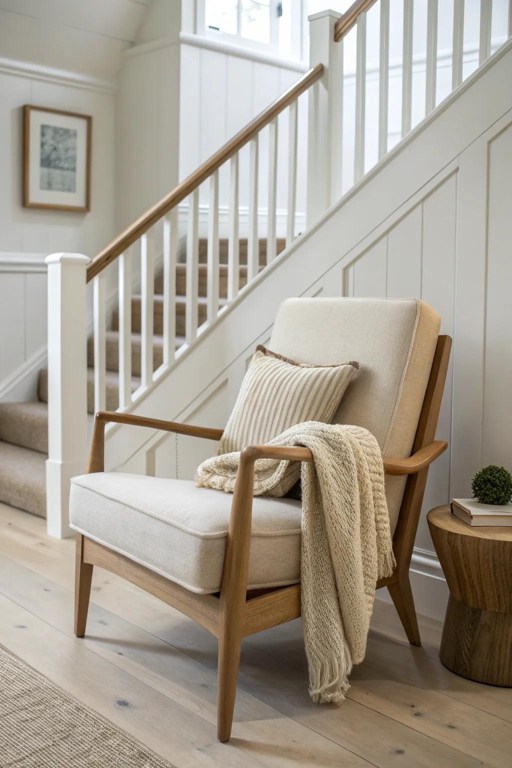 A slim accent chair turns a small upstairs landing into a cozy, light-filled reading nook.