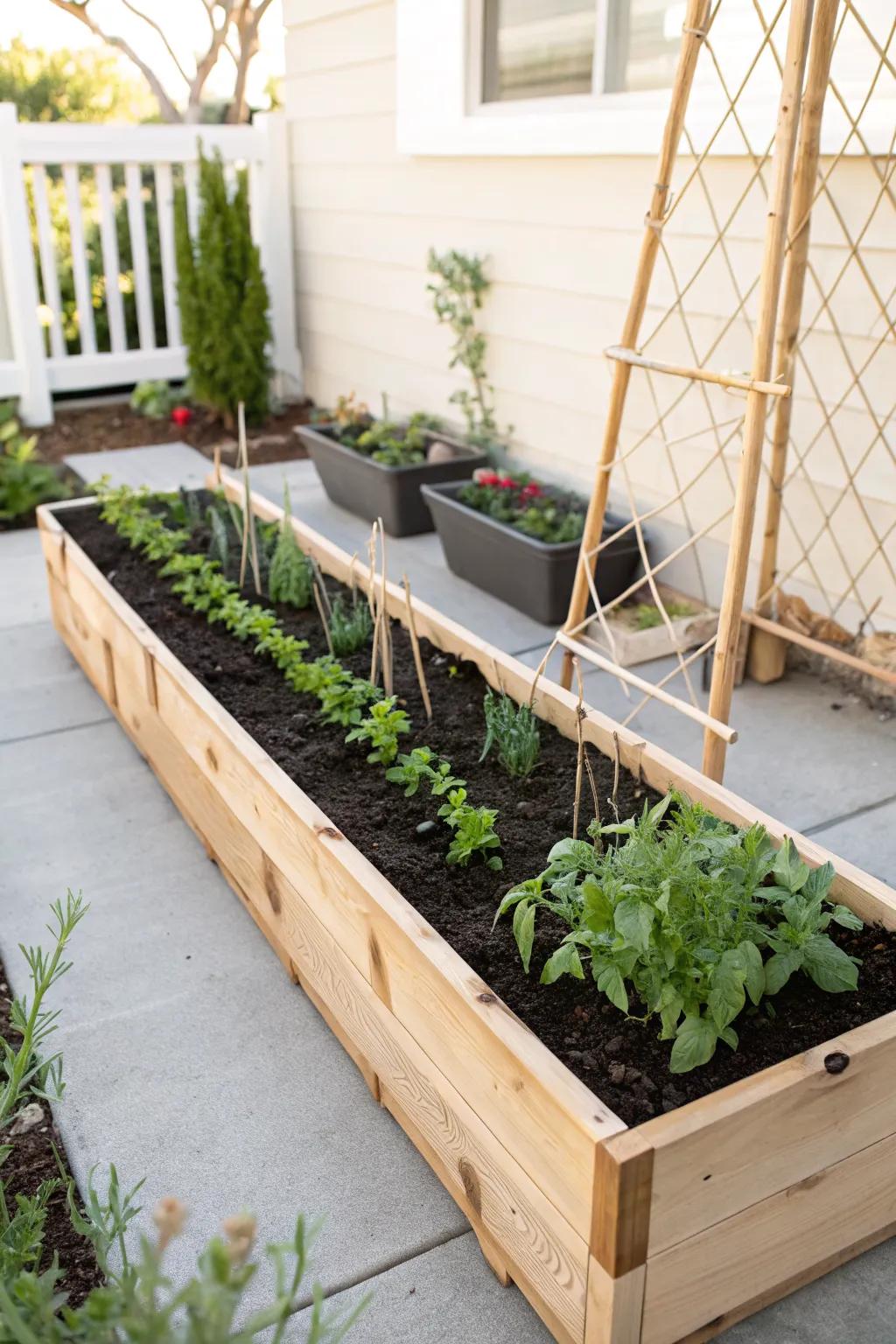 Classic 4x8 raised bed: tall crops in back, leafy greens in front—simple rows, small space win.