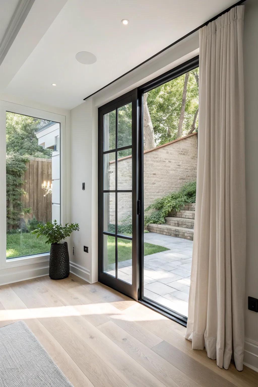 Let your small walkout basement breathe—go big on glass with tall, light-filled doors.