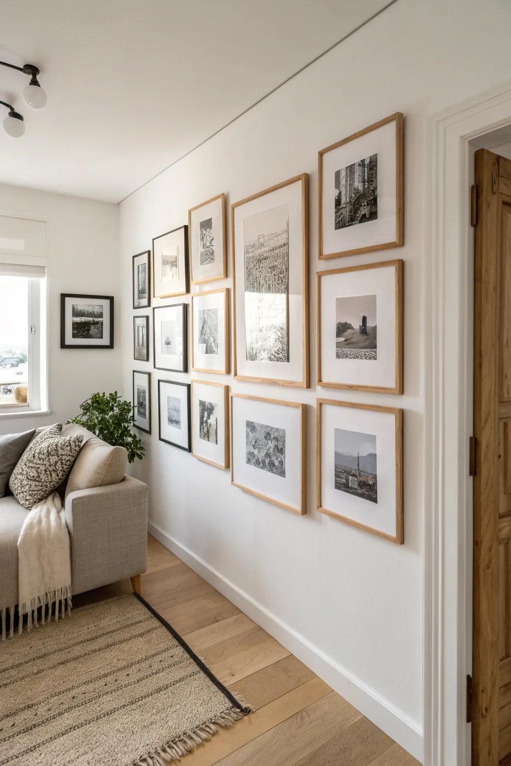 A classic mini gallery wall: small frames, cohesive tones, big style for skinny wall spaces.