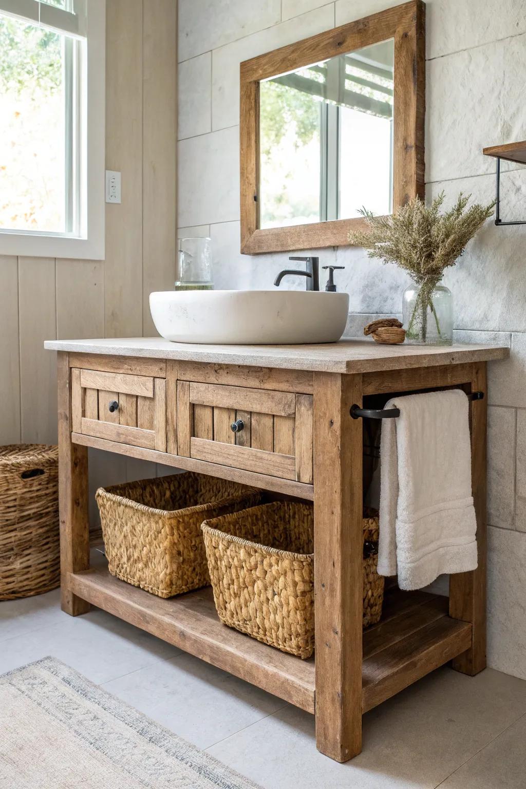 Distressed wood vanity + open shelf baskets—western charm that keeps a tiny bathroom calm.