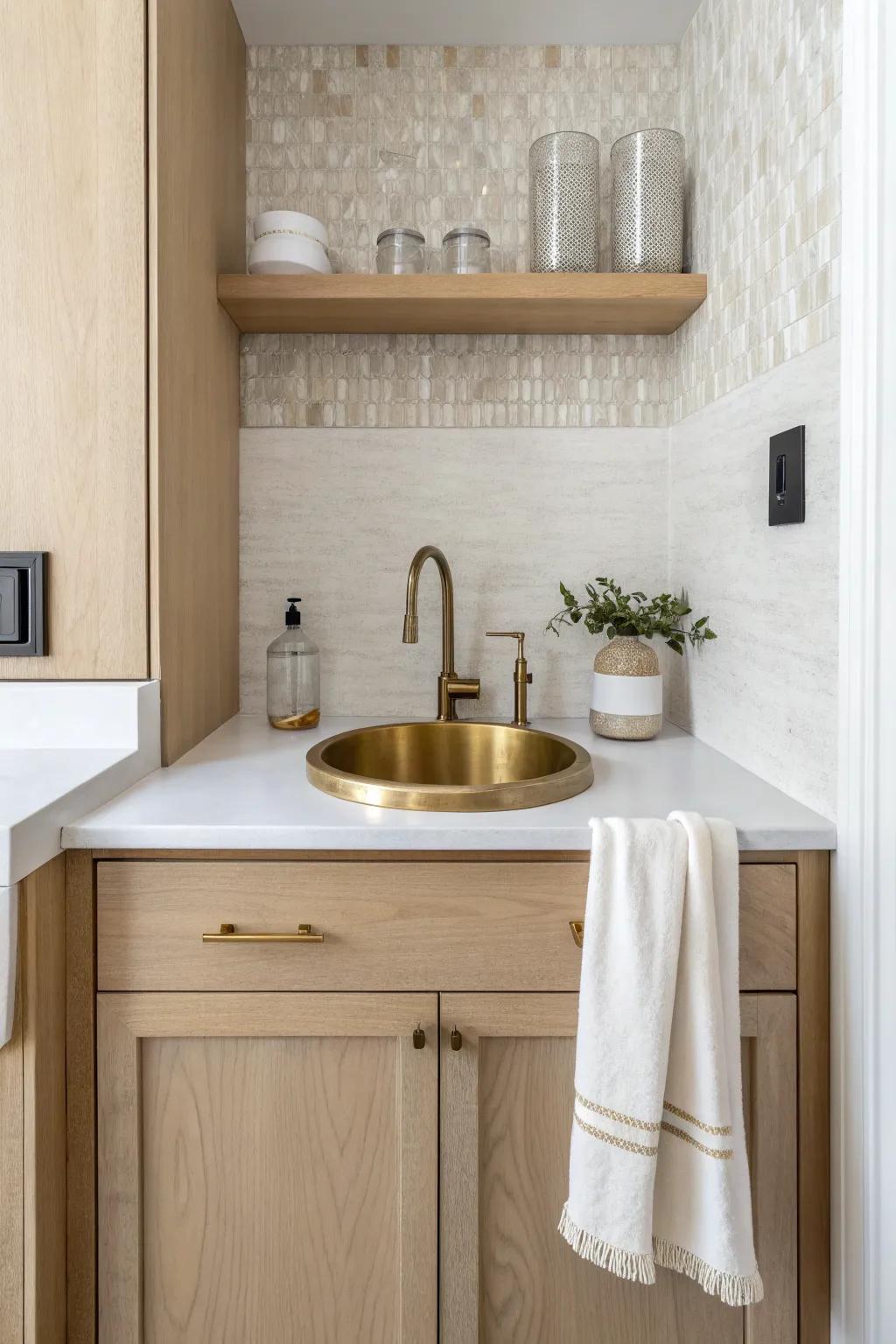 A shallow wall alcove becomes a chic mini wet bar—simple cabinets, statement tile, built-in look.