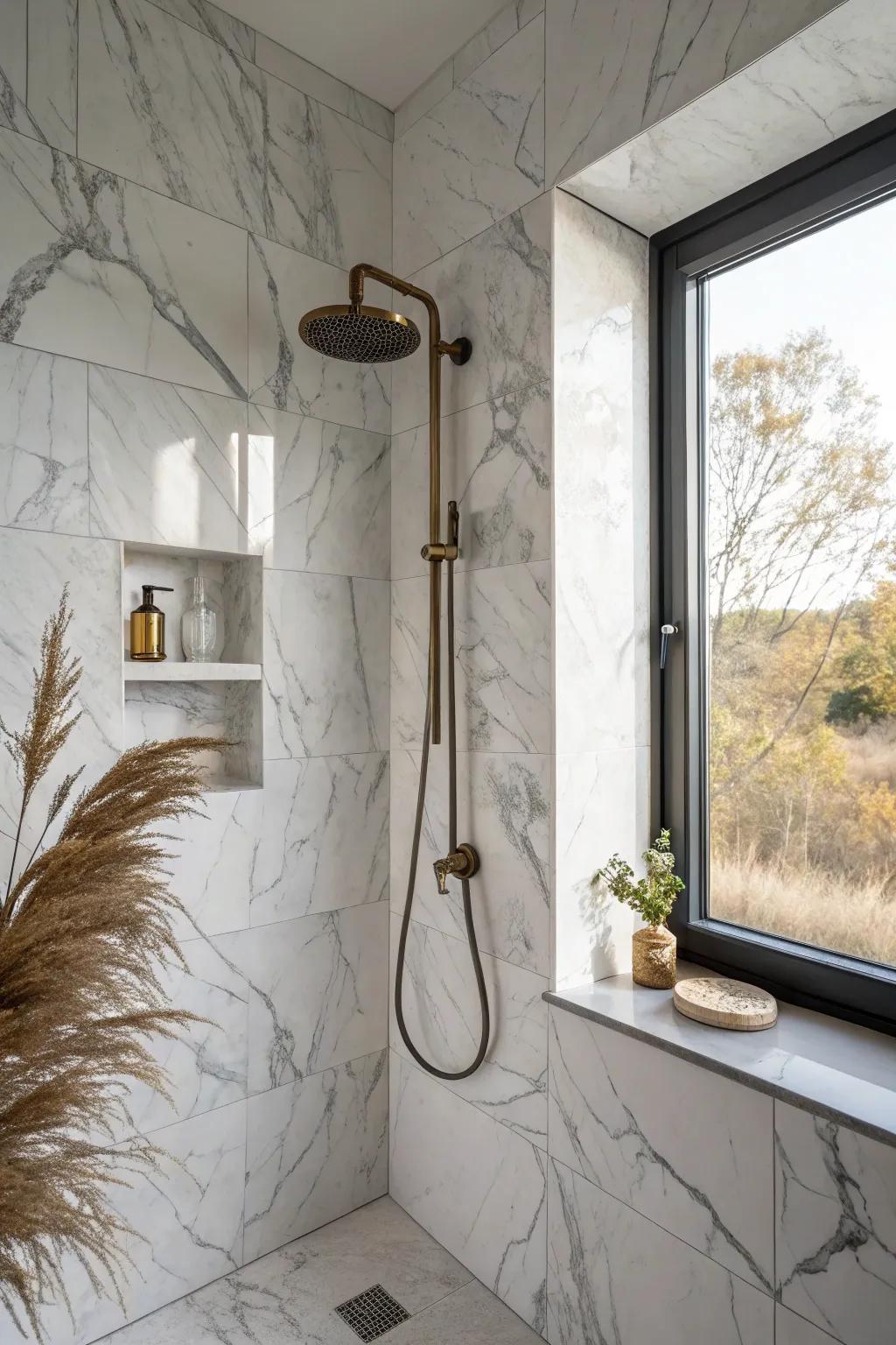 Floor-to-ceiling white marble makes a tiny shower feel taller, brighter, and beautifully seamless.