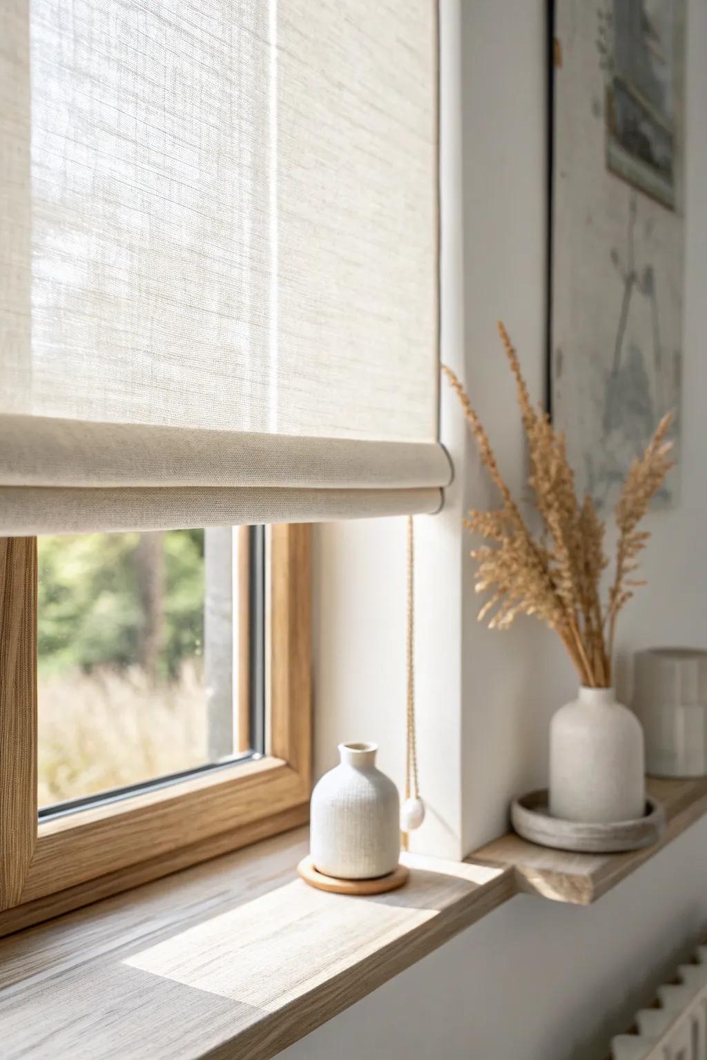 Slim linen roller blind that vanishes visually—perfect for tiny windows and uncluttered walls.