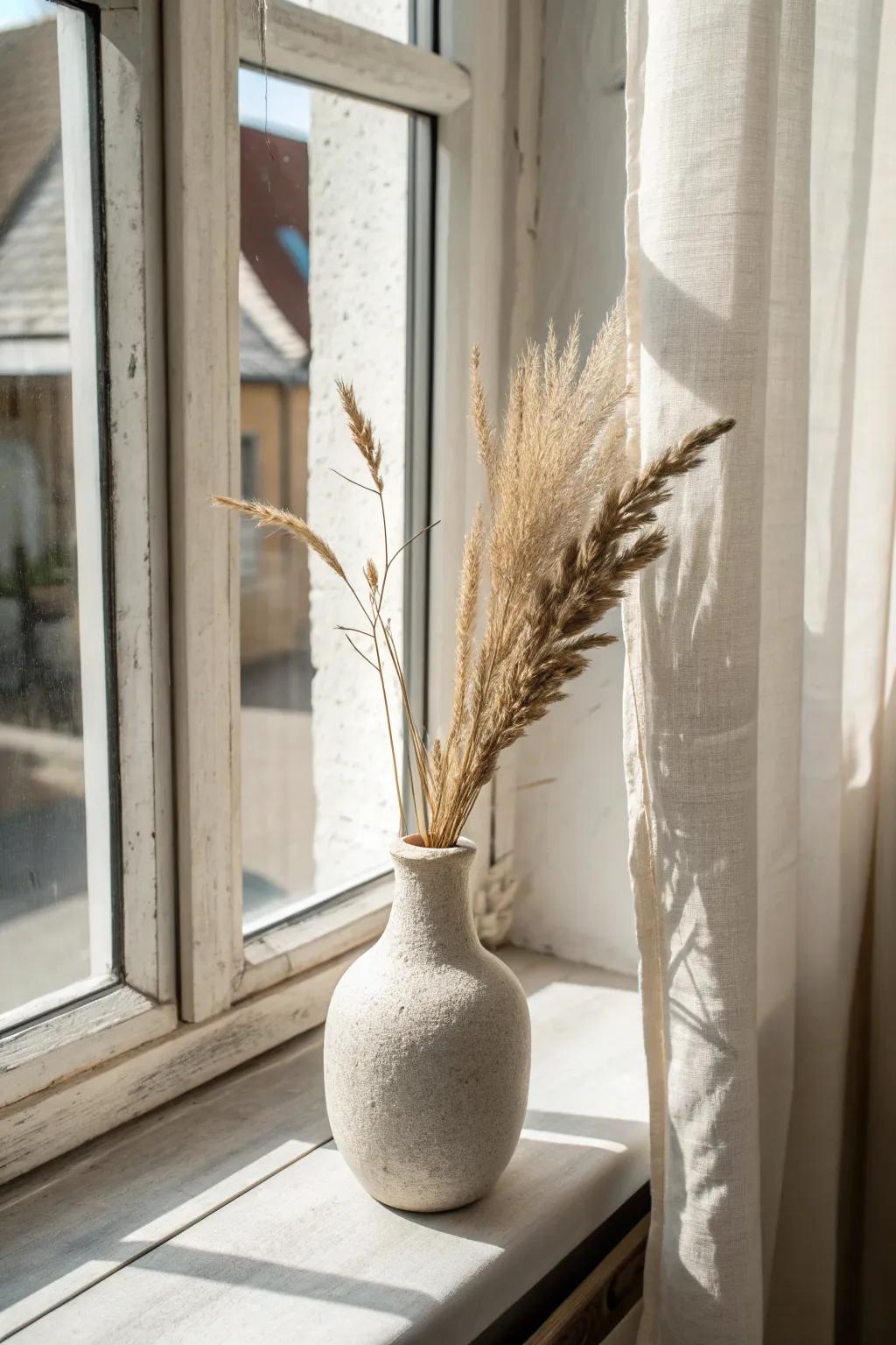 One hero vase at eye level turns a tiny window into a calm, curated moment.