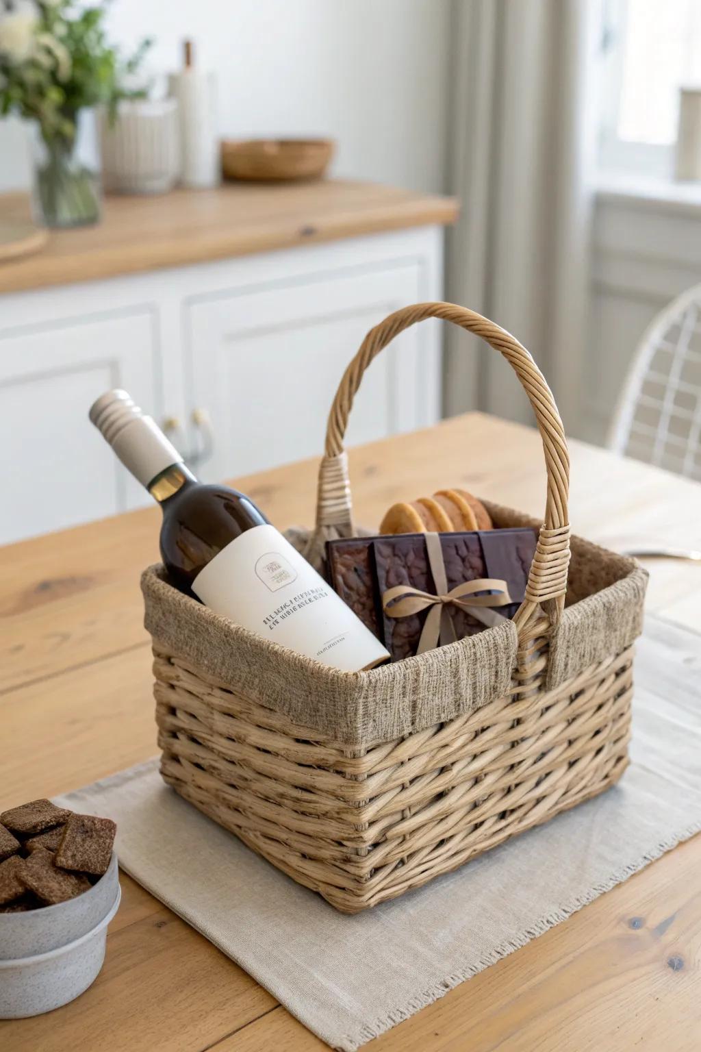 A curated trio: one bottle, crisp crackers, and chocolate—tidy, timeless, and small-space chic.