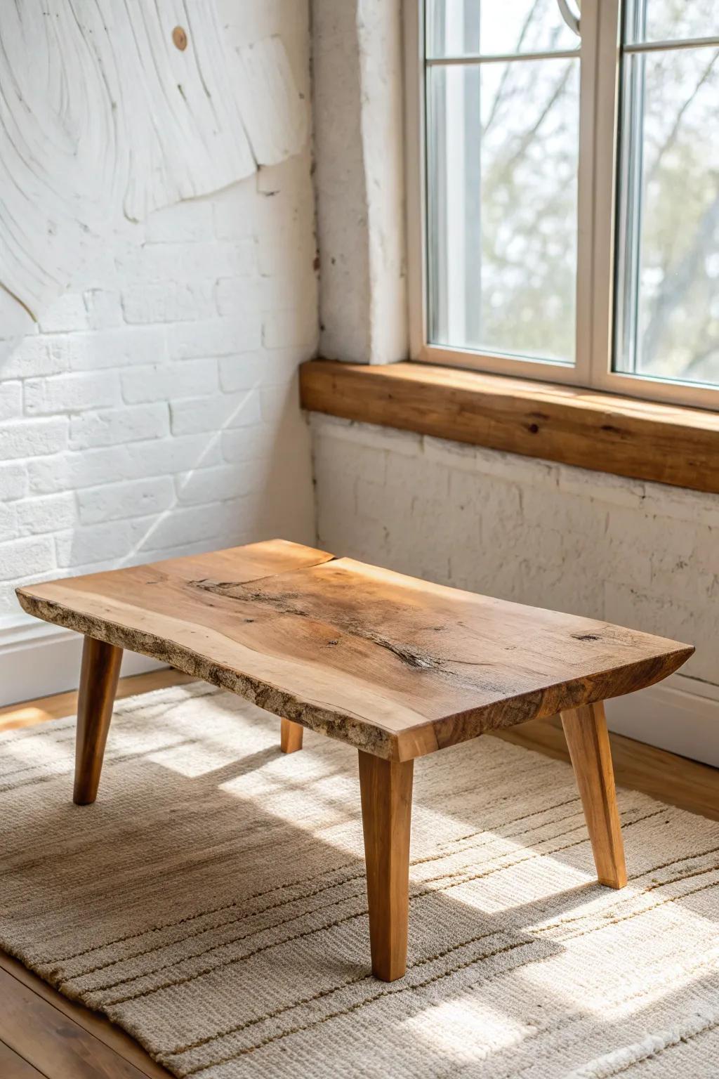 A simple live-edge wood slab coffee table that adds warm, handcrafted character to small spaces.