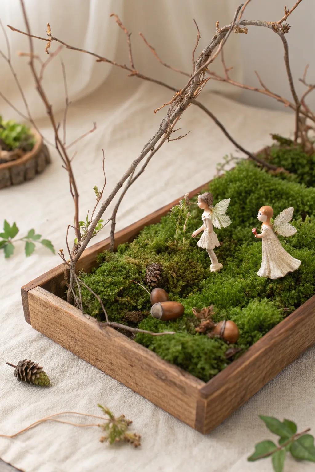 Dive into the enchanting world of woodland fairies with this minimalist fairy garden display.