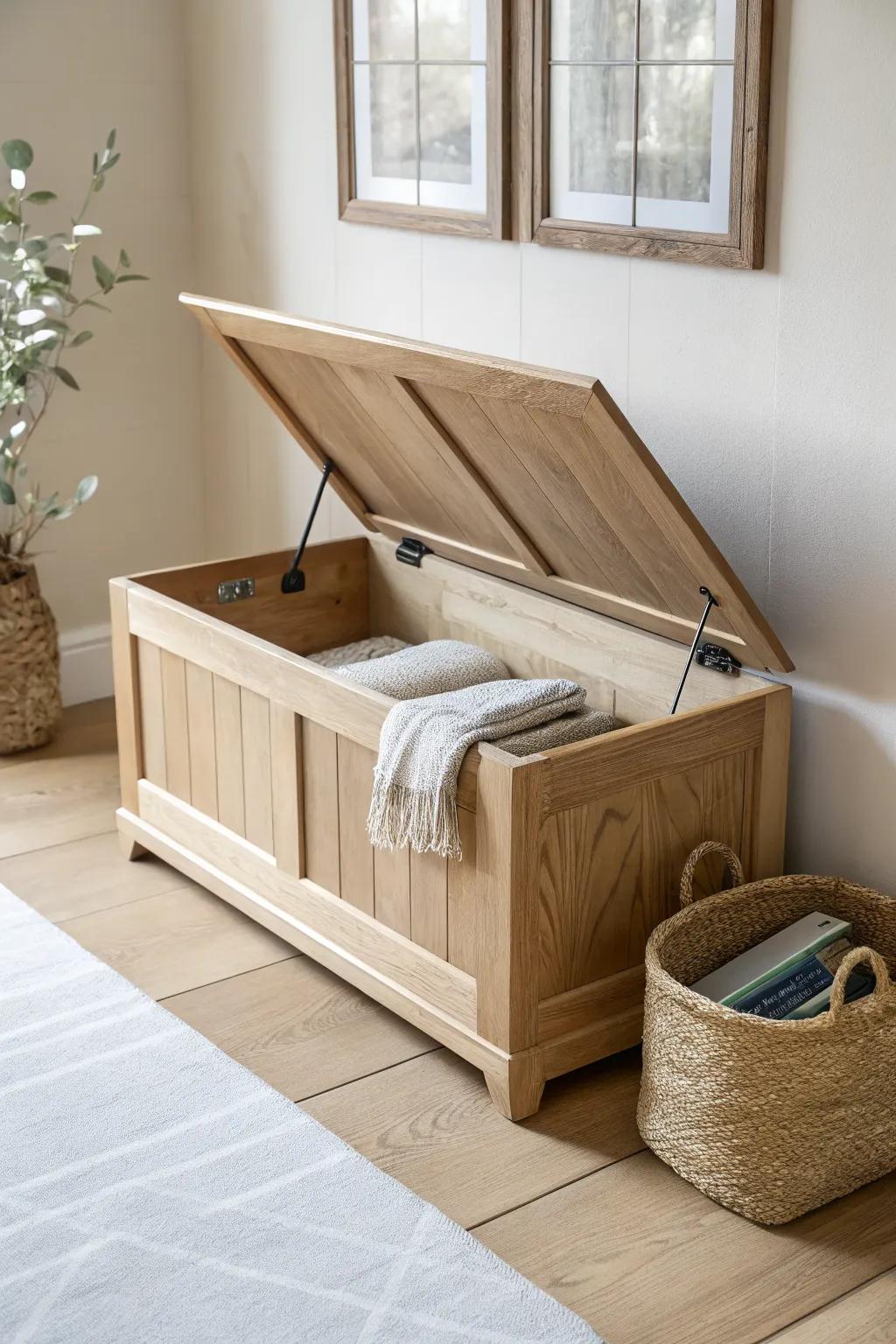 A sleek storage bench that hides throws and clutter—extra seating without sacrificing space.
