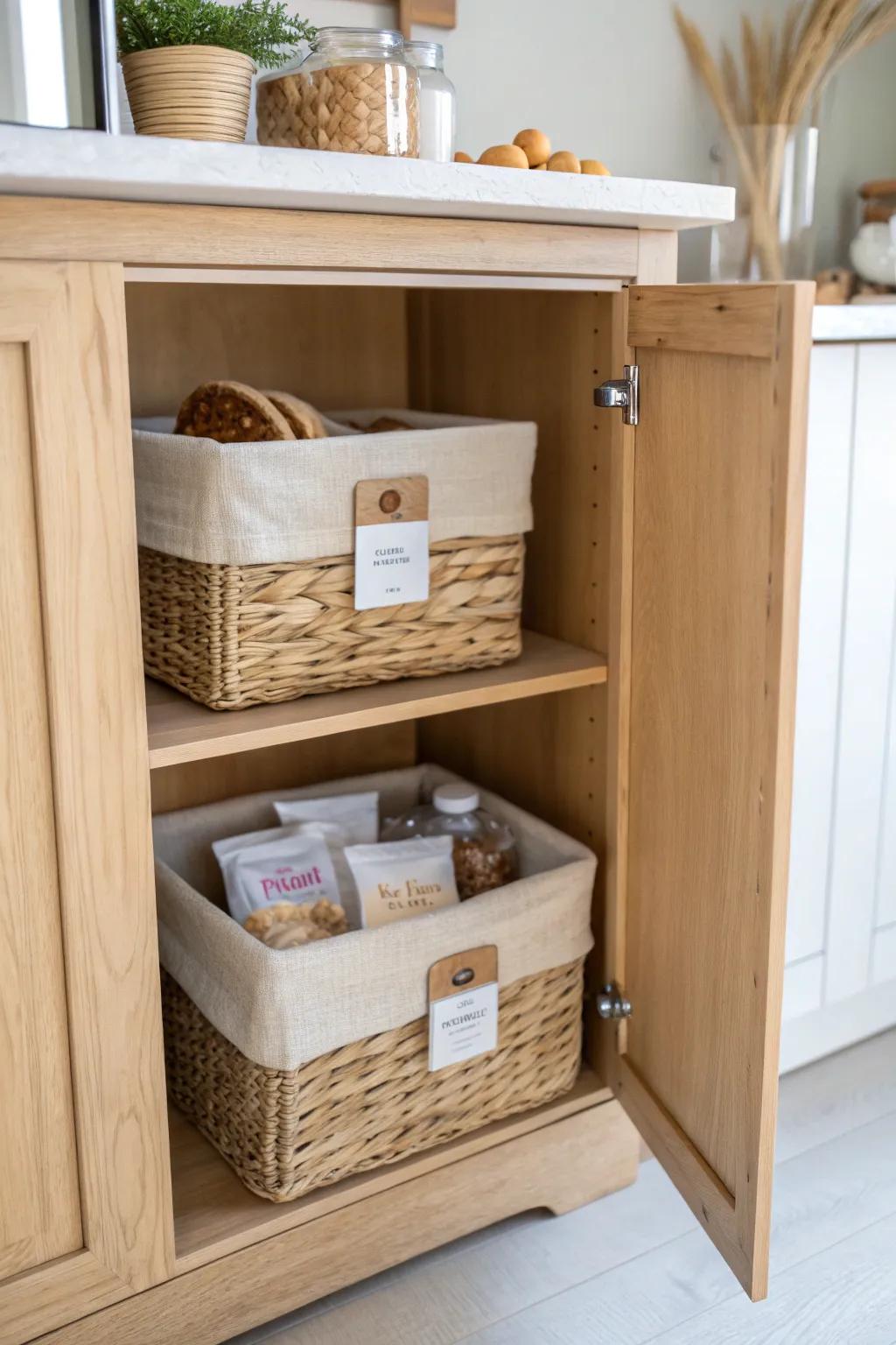 Claim one cabinet as a snack zone—woven grab-and-go bins keep small-space counters clear.