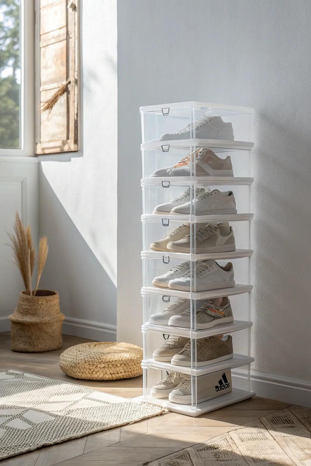 Clear stackable boxes turn sneakers into a tidy display—ideal for small-space living.