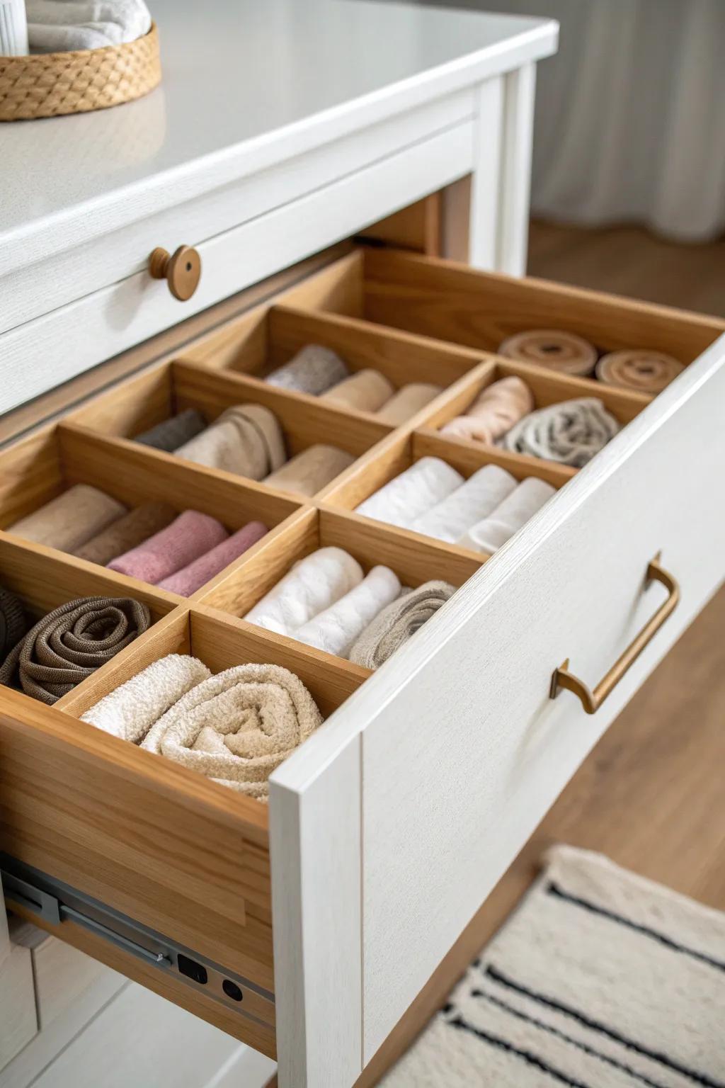 Adjustable drawer dividers create clean sock lanes—fastest way to tame a deep dresser drawer.