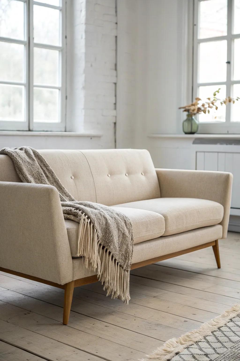 Float your sofa off the wall to define a cozy living zone—even in a 450 sq ft space.