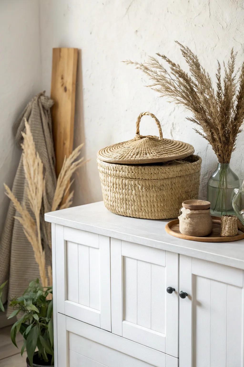 Matching baskets above cabinets hide bulky extras while keeping your tiny kitchen calm and cohesive.