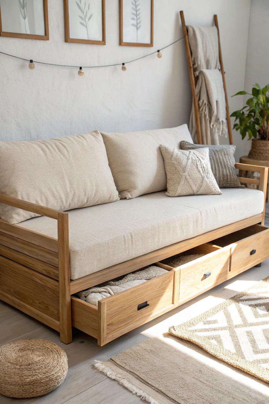 A chic sofa bed with hidden storage—perfect for studio living and effortless hosting.