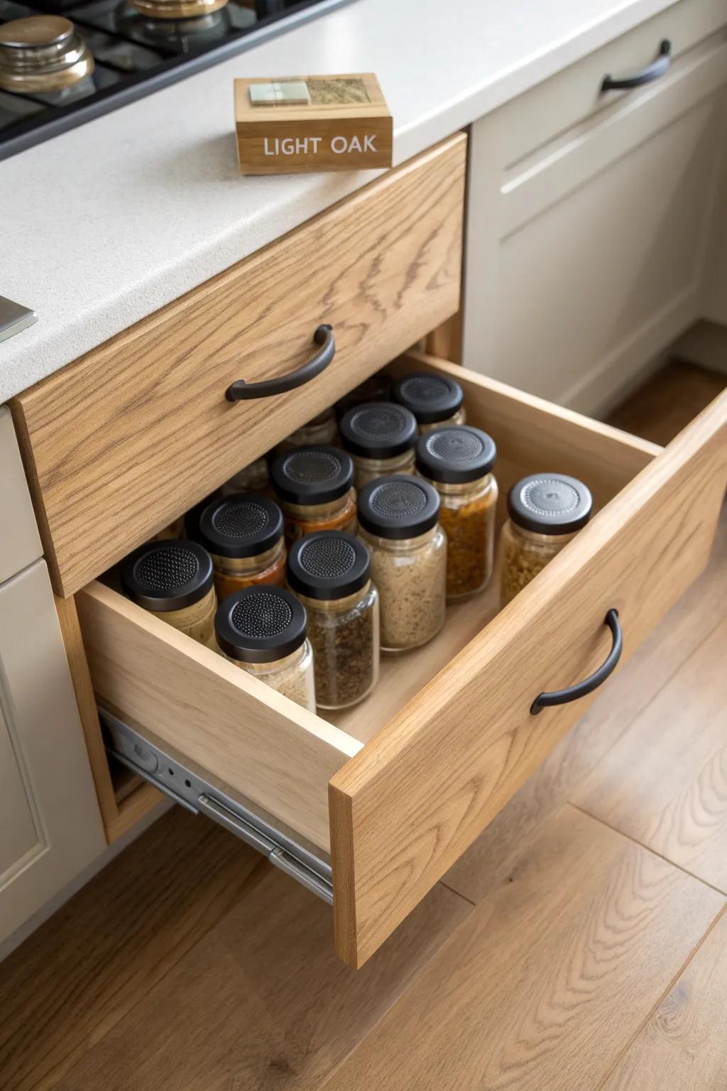 Angled spice drawer insert keeps every label visible—minimal, warm wood, effortless order.