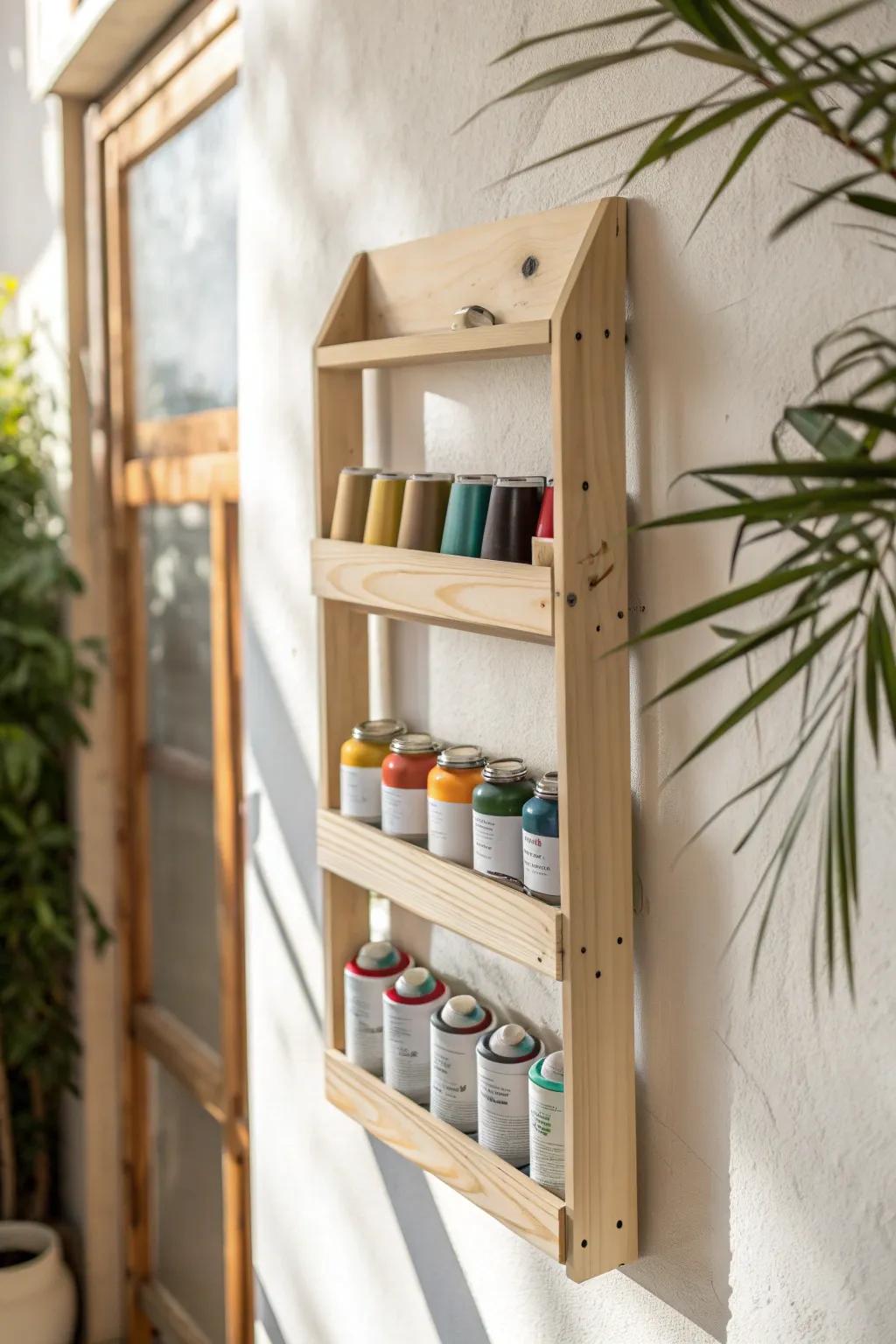 Angled wall rack keeps spray paint caps visible and cans secure—small-space storage win.