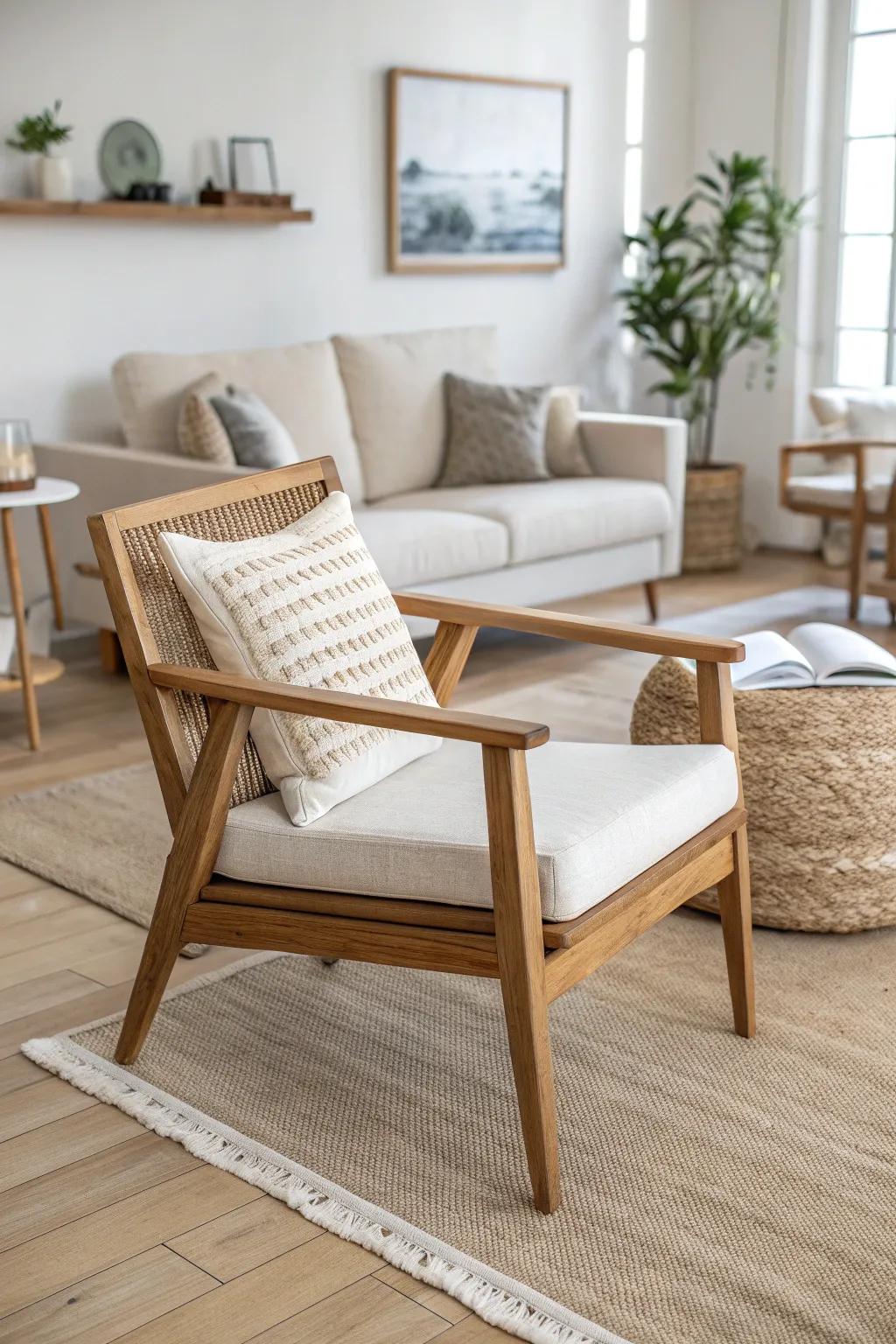 One statement chair anchors a balanced sofa-plus-two-chairs layout in a square living room.