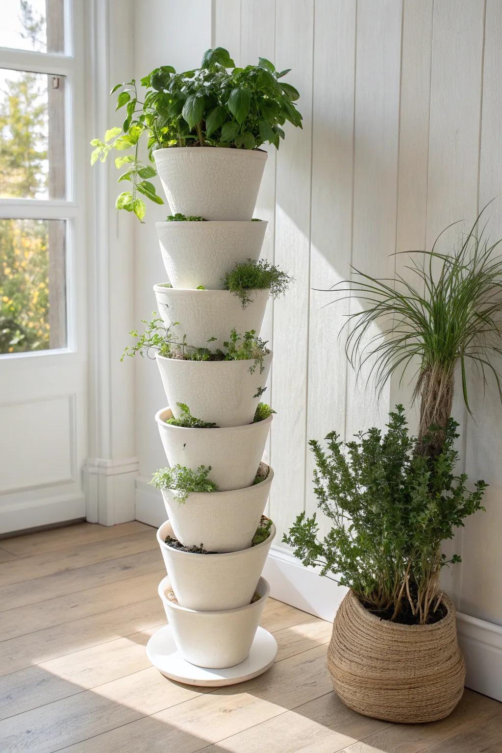 Classic stackable planter tower: a slim vertical garden that makes small entryways feel lush.