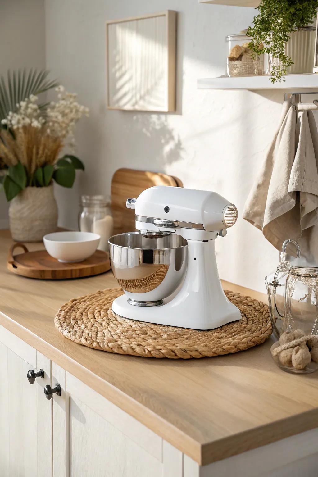A styled stand mixer “home base” on a woven tray—pretty, practical, and small-space friendly.