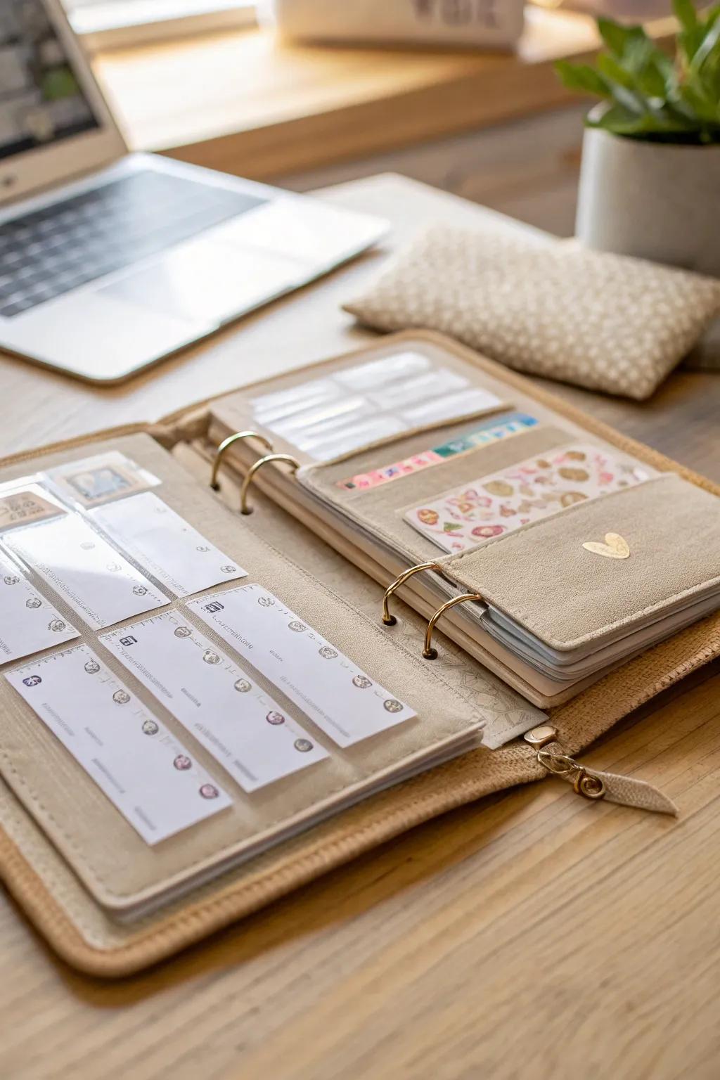 A chic sticker binder with clear sleeves—flip through categories like a tiny sticker menu.