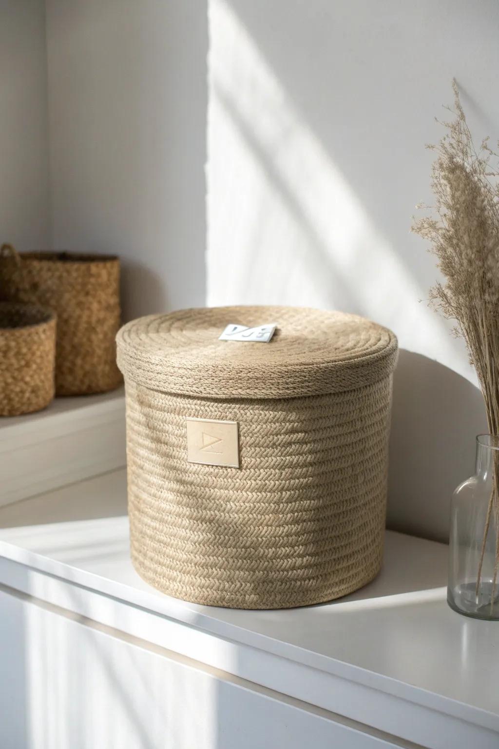 Matching bins in one calm color family instantly make shelves feel tidy and serene.