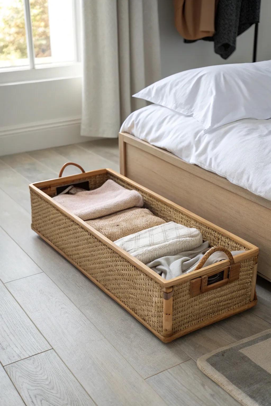A woven under-bed bin keeps sweaters and shoes tidy—matching storage makes it feel intentional.