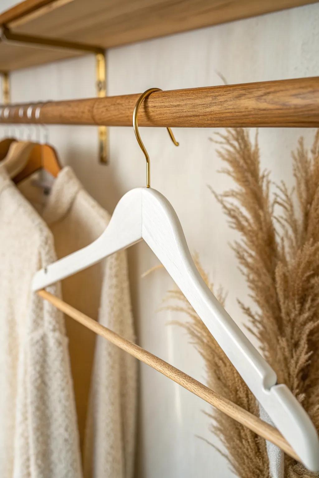 Slim matching hangers save precious rod space and make a tiny closet feel instantly calmer.