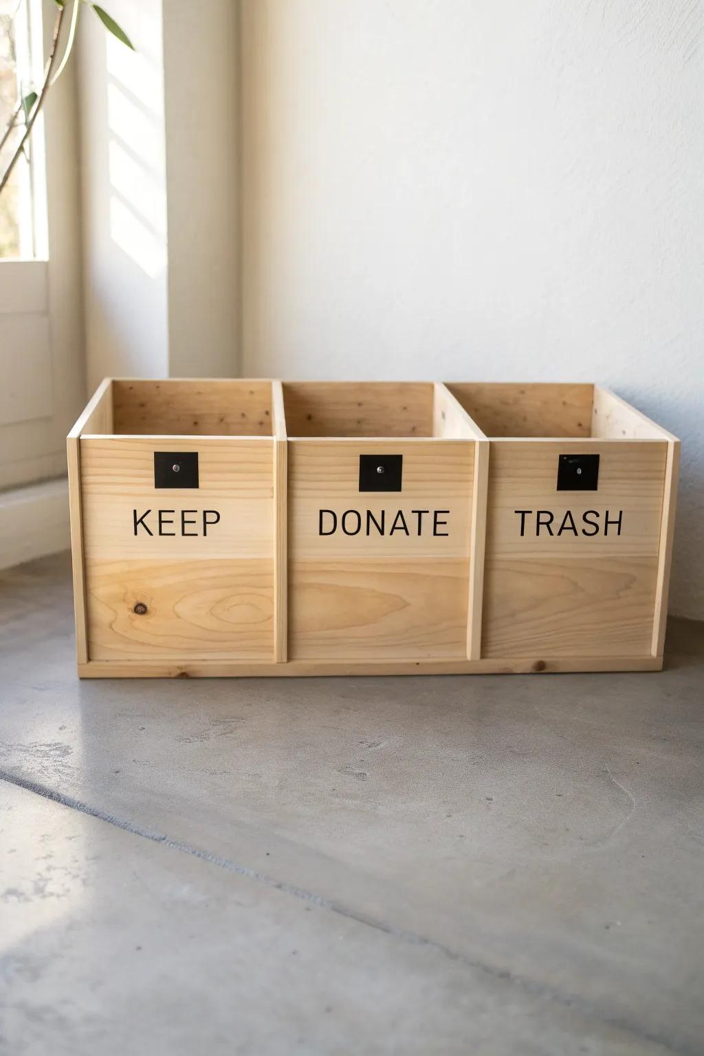 Do a ruthless reset: one sorting crate, three decisions—keep, donate, trash—fast.