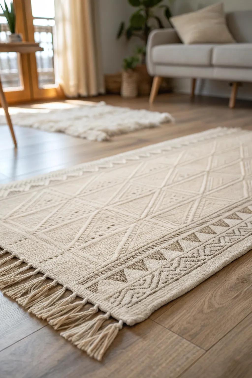 A neutral handwoven rug instantly zones your studio—simple, polished, and effortlessly cozy.