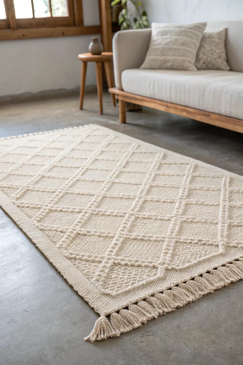 A light woven area rug zones a tiny basement studio and instantly brightens the whole space.